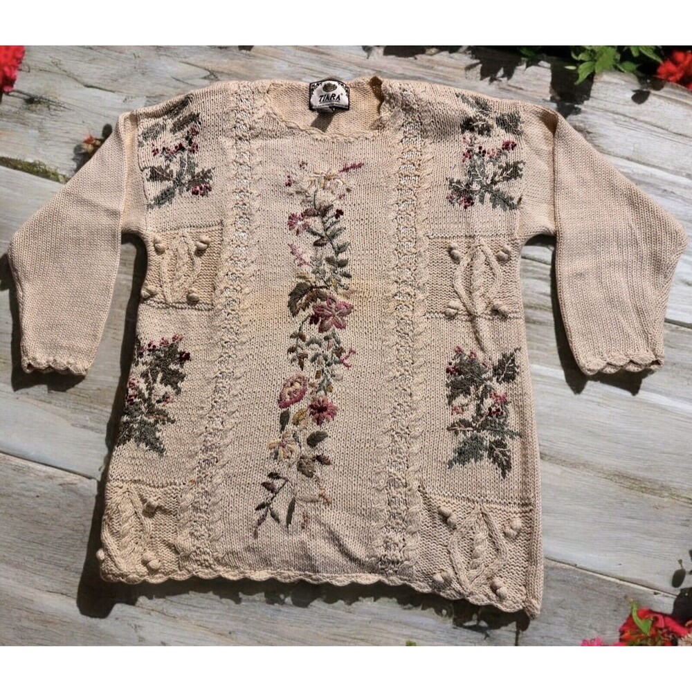Tiara vintage pullover sweater floral embroidery long sleeve ramie cotton size M